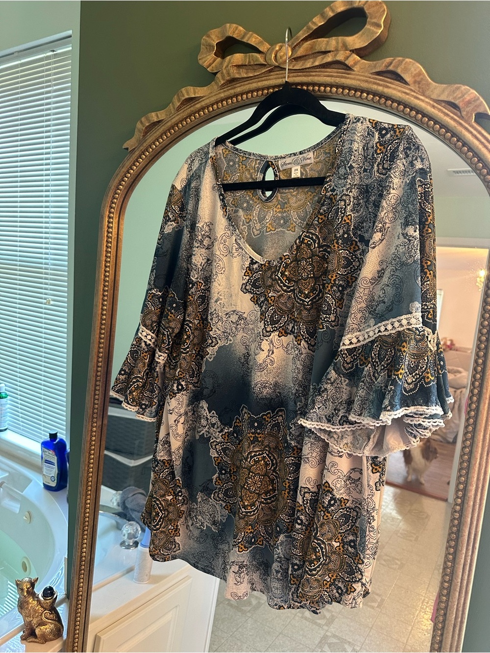 Paisley Bell-Sleeve Tunic in Gray & Gold
